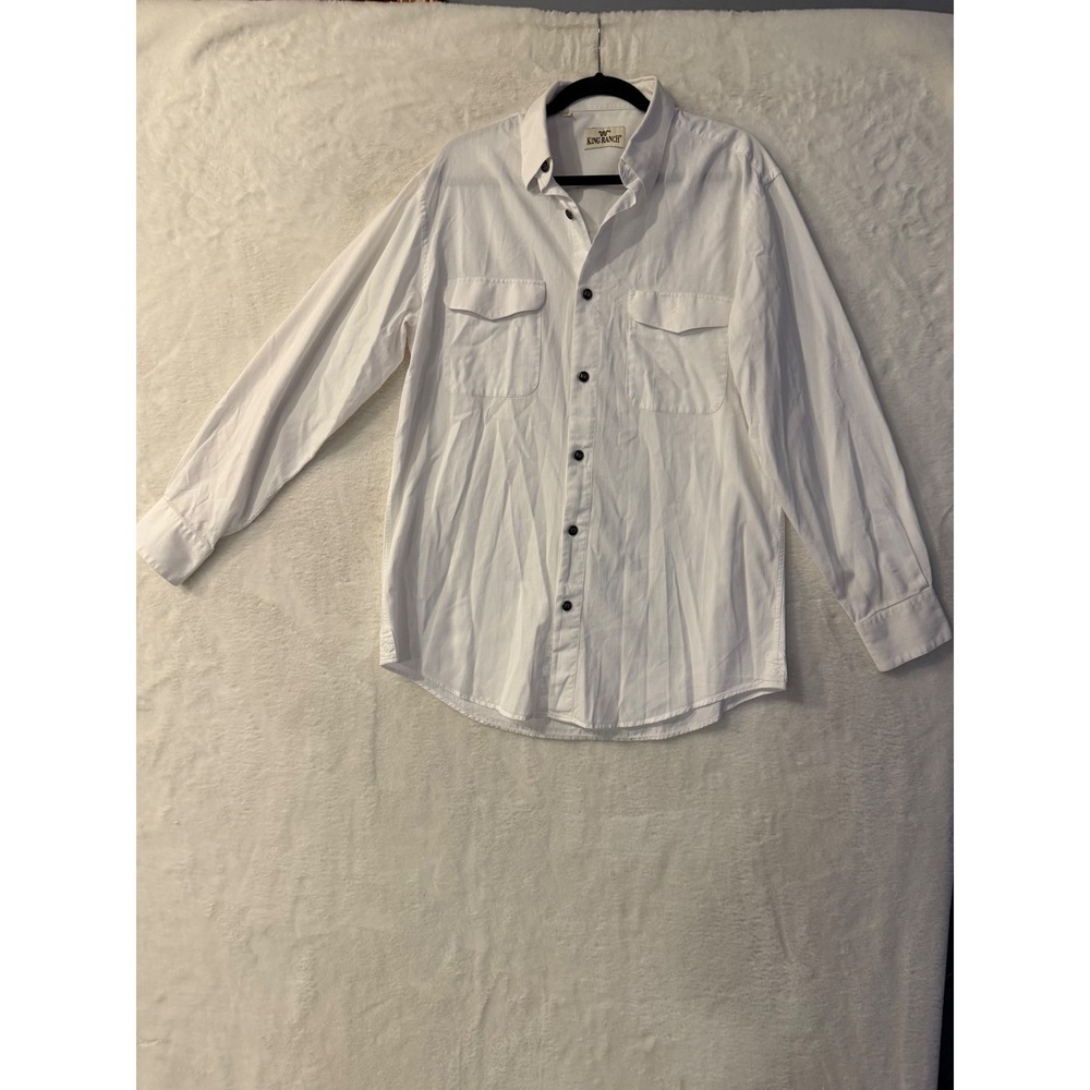 King Ranch Mens White Herringbone Cotton Long Sleeve Western Button Down Shirt L